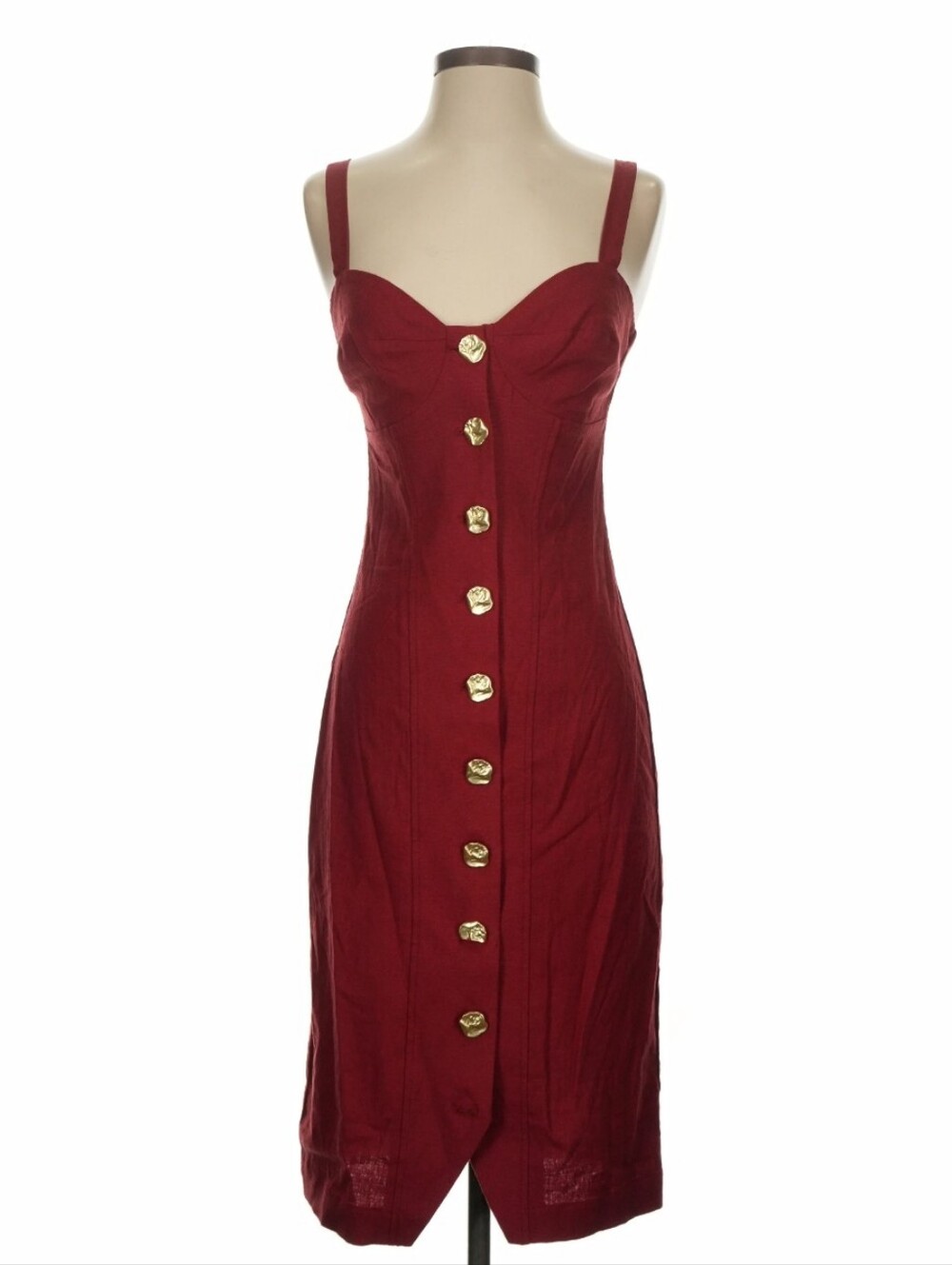 Fourteenth Place Red Midi Dress Sz XS Gold Button Front Sleeveless Bodycon